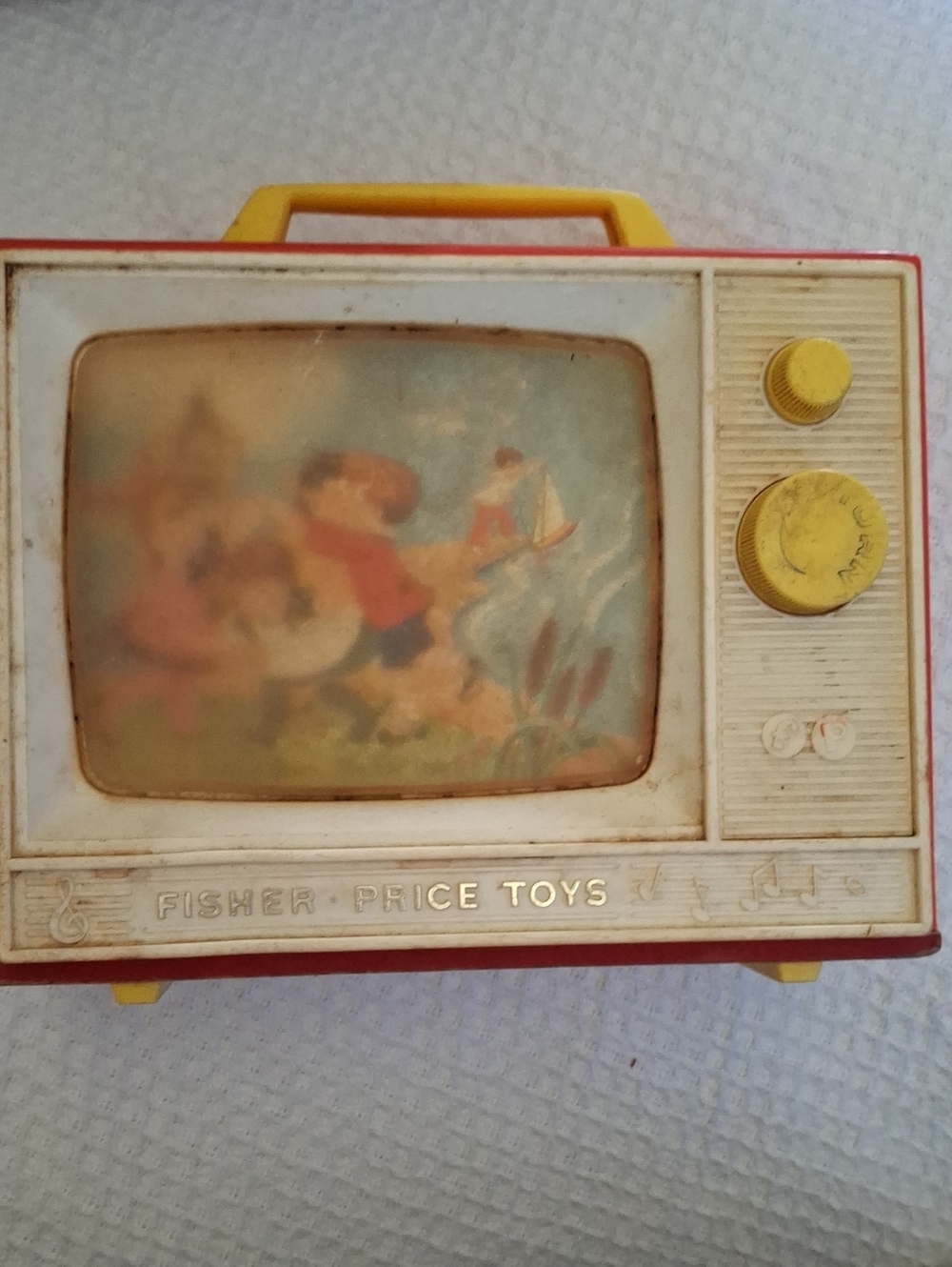 Fisher-Price Yellow and White Portable Toy TV with Red Trim